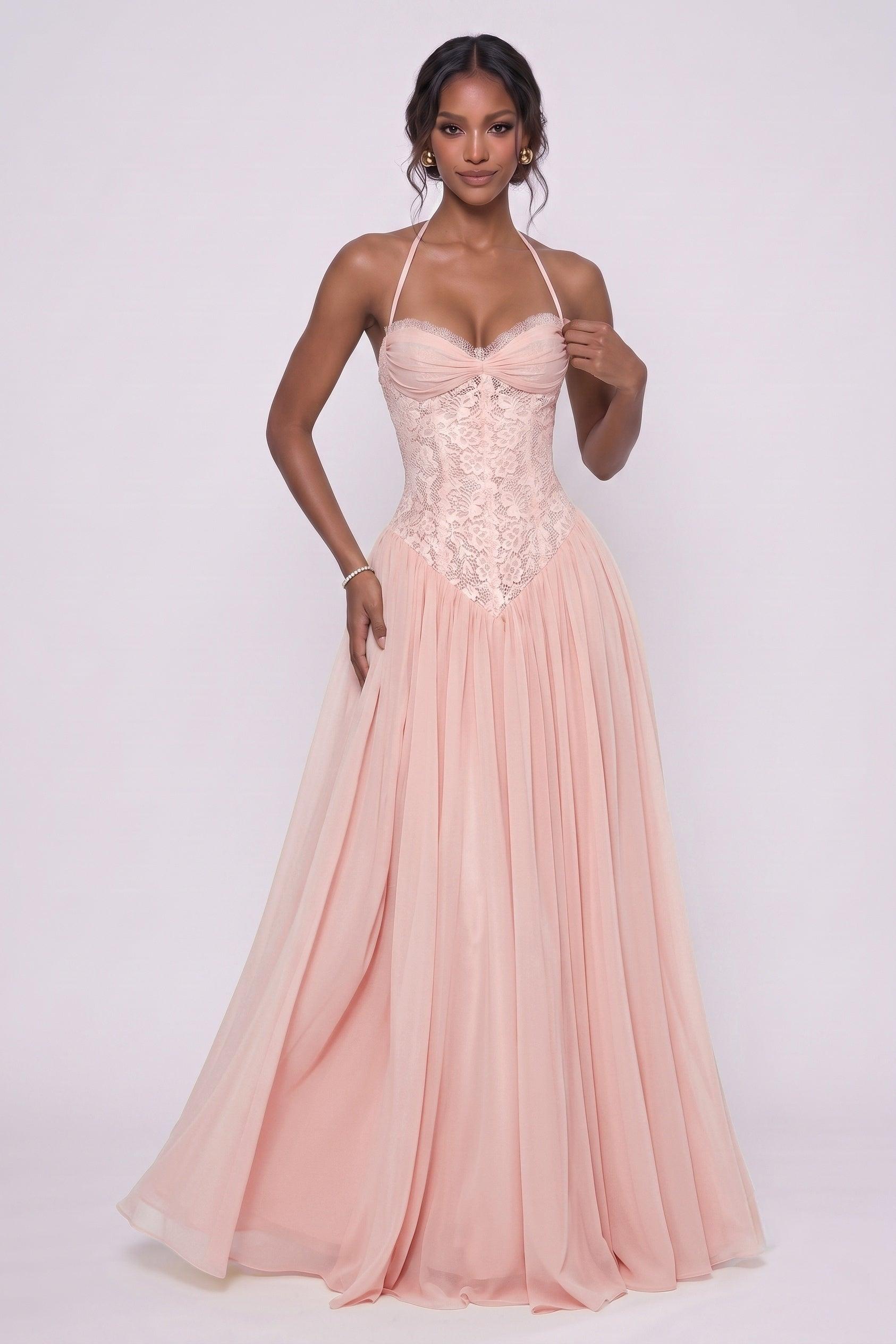 A-Line Floor-length Chiffon Lace Bridesmaid Dress CG0337BM - Soft Blush - COCOMELODY